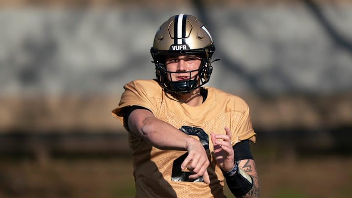 Vanderbilt quarterback Jared Curtis (2) goes through drills at Vanderbilt University’s McGugin Center practice fields Tuesday, April 7, 2026.