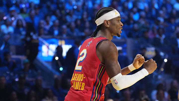 Feb 16, 2025; San Francisco, CA, USA; Chuck’s Global Stars guard Shai Gilgeous-Alexander (2) of the Oklahoma City Thunder reacts in the game against Kenny’s Young Stars during the 2025 NBA All Star Game at Chase Center. Mandatory Credit: Kyle Terada-Imagn Images