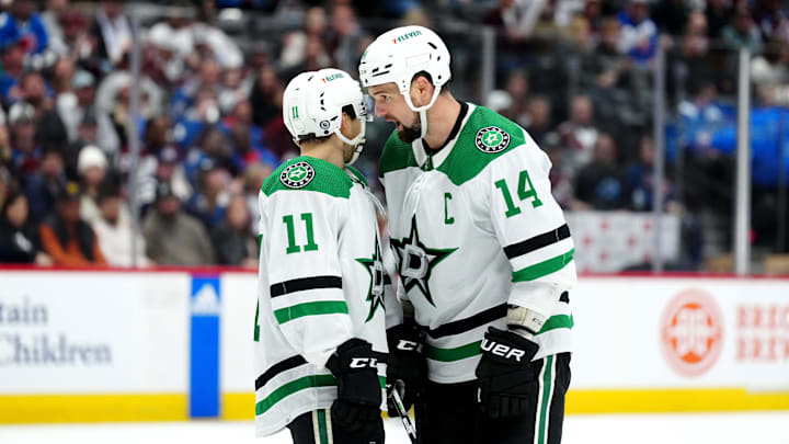 Apr 7, 2024; Denver, Colorado, USA; Dallas Stars center Logan Stankoven (11) and left wing Jamie
