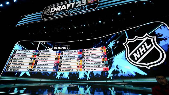 Jun 27, 2025; Los Angeles, California, USA; The draft board is seen following the first round of the 2025 NHL Draft at Peacock Theater. Mandatory Credit: Kirby Lee-Imagn Images