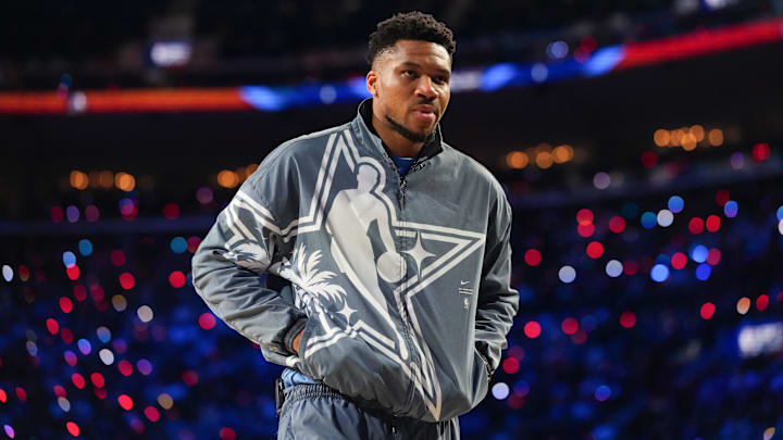 Feb 15, 2026; Inglewood, California, USA; Team World forward Giannis Antetokounmpo (34) of the Milwaukee Bucks looks on during the 75th NBA All Star Game at Intuit Dome. Mandatory Credit: Kirby Lee-Imagn Images Feb 15, 2026; Inglewood, California, USA; Team World forward Giannis Antetokounmpo (34) of the Milwaukee Bucks looks on during the 75th NBA All Star Game at Intuit Dome. Mandatory Credit: Kirby Lee-Imagn Images