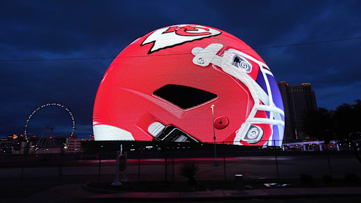 Feb 10, 2024; Las Vegas, NV, USA; A Kansas City Chiefs helmet is projected onto the Sphere.
