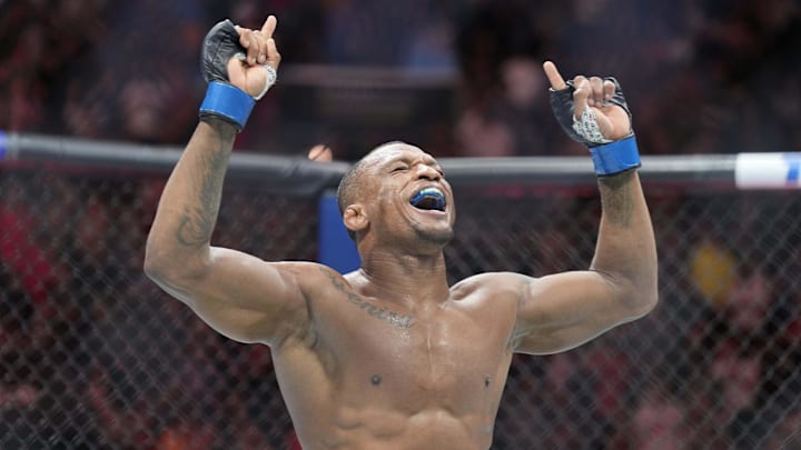 May 13, 2023; Charlotte, North Carolina, USA; Jailton Almeida (blue gloves) reacts after defeating