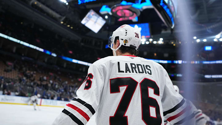 Dec 16, 2025; Toronto, Ontario, CAN; Chicago Blackhawks left wing Nick Lardis (76) skates during the warmup before a game against the Toronto Maple Leafs at Scotiabank Arena. Mandatory Credit: Nick Turchiaro-Imagn Images