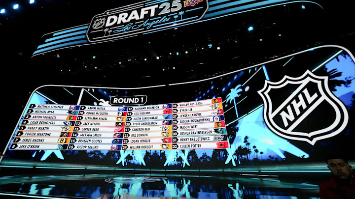 Jun 27, 2025; Los Angeles, California, USA; The draft board is seen following the first round of the 2025 NHL Draft at Peacock Theater. Mandatory Credit: Kirby Lee-Imagn Images