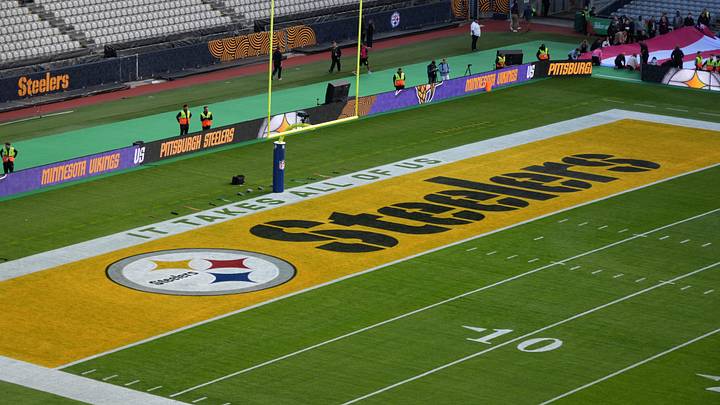 Sep 28, 2025; Dublin, Ireland; A Pittsburgh Steelers logo in the end zone during an NFL International Series game at Croke Park. Mandatory Credit: Kirby Lee-Imagn Images