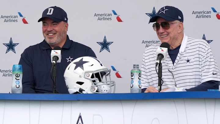 Dallas Cowboys coach Mike McCarthy and owner Jerry Jones at training camp press conference at the River Ridge Fields.  