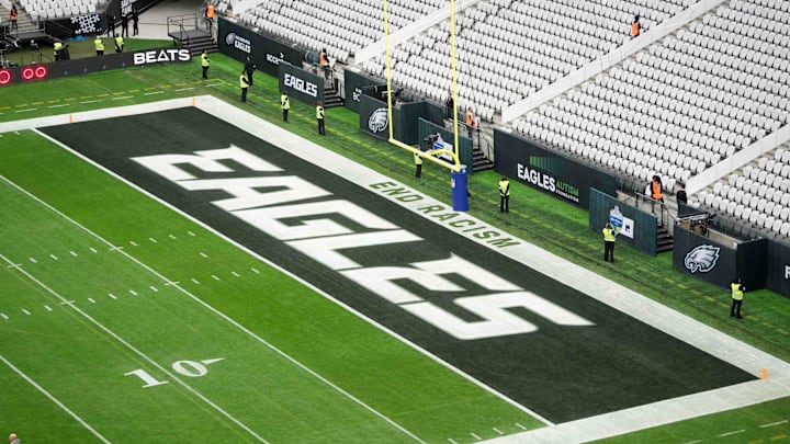 Sep 6, 2024; Sao Paulo, Brazil; The Philadelphia Eagles logo in the end zone at the 2024 NFL Sao Paolo Game at Neo Quimica Arena. Mandatory Credit: Kirby Lee-Imagn Images