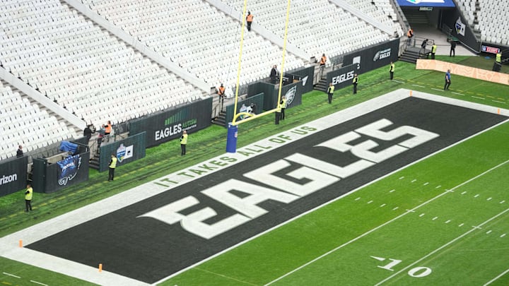 Sep 6, 2024; Sao Paulo, Brazil; The Philadelphia Eagles logo in the end zone at the 2024 NFL Sao Paolo Game at Neo Quimica Arena. Mandatory Credit: Kirby Lee-Imagn Images Sep 6, 2024; Sao Paulo, Brazil; The Philadelphia Eagles logo in the end zone at the 2024 NFL Sao Paolo Game at Neo Quimica Arena. Mandatory Credit: Kirby Lee-Imagn Images