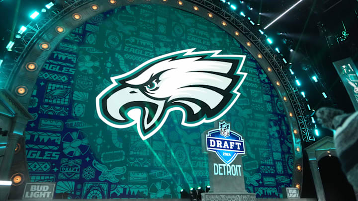 Apr 25, 2024; Detroit, MI, USA; A Philadelphia Eagles logo during the 2024 NFL Draft at Campus Martius Park and Hart Plaza. Mandatory Credit: Kirby Lee-Imagn Images