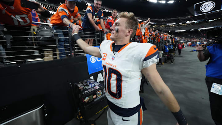 Dec 7, 2025; Paradise, Nevada, USA; Denver Broncos quarterback Bo Nix (10) high five fans following a game against the Las Vegas Raiders at Allegiant Stadium. Mandatory Credit: Kirby Lee-Imagn Images Dec 7, 2025; Paradise, Nevada, USA; Denver Broncos quarterback Bo Nix (10) high five fans following a game against the Las Vegas Raiders at Allegiant Stadium. Mandatory Credit: Kirby Lee-Imagn Images