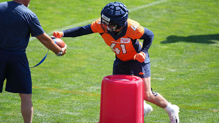 Jul 29, 2023; Englewood, CO, USA; Denver Broncos linebacker Drew Sanders (41) during training camp drills at the Centura Health Training Center. Mandatory Credit: Ron Chenoy-Imagn Images