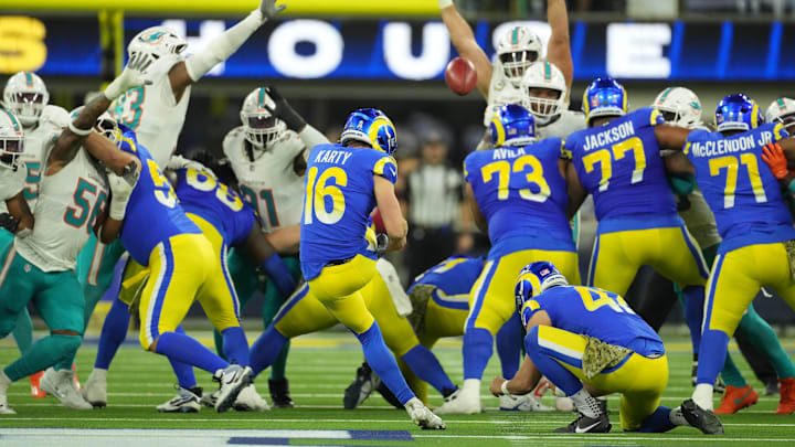 Nov 11, 2024; Inglewood, California, USA; Los Angeles Rams place kicker Joshua Karty (16) kicks a 53-yard field goal against the Miami Dolphins in the second half at SoFi Stadium. Mandatory Credit: Kirby Lee-Imagn Images