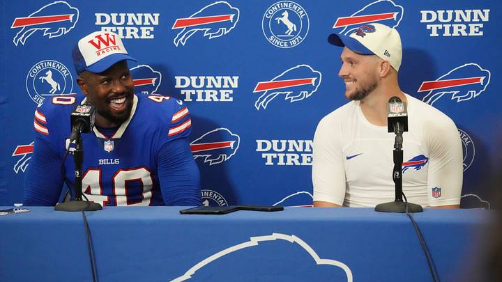 Former Buffalo Bills linebacker Von Miller (40) and quarterback Josh Allen (17)  talks to the press after the game against the Los Angeles Rams at SoFi Stadium.