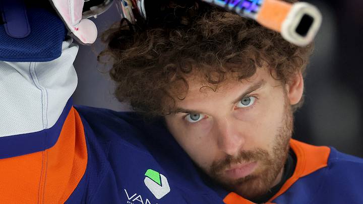Mar 28, 2026; Elmont, New York, USA; New York Islanders goaltender Ilya Sorokin (30) put on his mask before a game against the Florida Panthers at UBS Arena. Mandatory Credit: Brad Penner-Imagn Images
