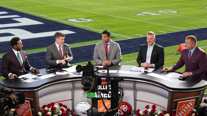 ESPN broadcasters Desmond Howard, Rece Davis, Mark Sanchez, Pat McAfee, and Kirk Herbstreit on the College GameDay set at the 109th Rose Bowl