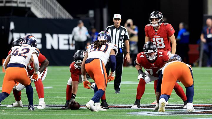 ATLANTA, GA - AUGUST 14: Jack Strand (18) of the Atlanta Falcons waits on the snap against the Denver Broncos on August 14, 2026, at Mercedes-Benz Stadium in Atlanta, Georgia. ATLANTA, GA - AUGUST 14: Jack Strand (18) of the Atlanta Falcons waits on the snap against the Denver Broncos on August 14, 2026, at Mercedes-Benz Stadium in Atlanta, Georgia.