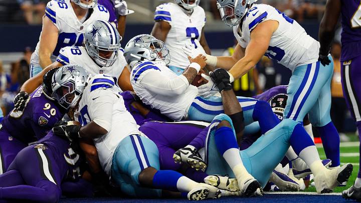 Sep 22, 2024; Arlington, Texas, USA; Dallas Cowboys quarterback Dak Prescott (4) celebrates with Dallas Cowboys running back Hunter Luepke (40) after scoring a touchdown during the second half against the Baltimore Ravens at AT&T Stadium. Mandatory Credit: Kevin Jairaj-Imagn Images Sep 22, 2024; Arlington, Texas, USA; Dallas Cowboys quarterback Dak Prescott (4) celebrates with Dallas Cowboys running back Hunter Luepke (40) after scoring a touchdown during the second half against the Baltimore Ravens at AT&T Stadium. Mandatory Credit: Kevin Jairaj-Imagn Images