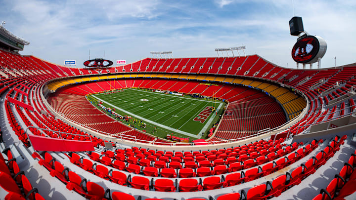 Sep 14, 2025; Kansas City, Missouri, USA; A general view of the interior of the stadium prior to the game between the Kansas City Chiefs and the Philadelphia Eagles at GEHA Field at Arrowhead Stadium. Mandatory Credit: Jay Biggerstaff-Imagn Images