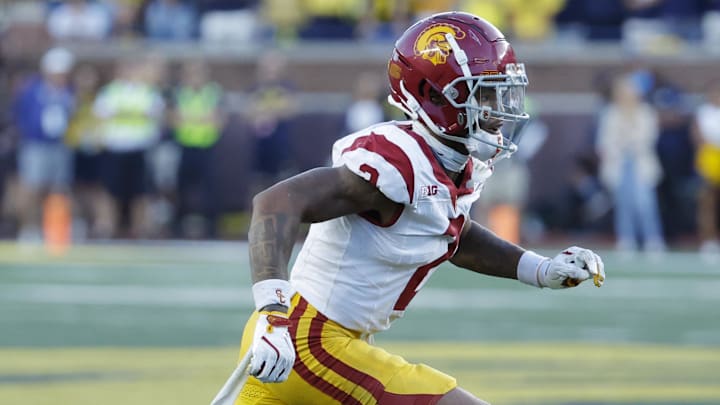 Sep 21, 2024; Ann Arbor, Michigan, USA; USC Trojans cornerback Jaylin Smith (2) pursues a play on defense against the Michigan Wolverines at Michigan Stadium. Mandatory Credit: Rick Osentoski-Imagn Images Sep 21, 2024; Ann Arbor, Michigan, USA; USC Trojans cornerback Jaylin Smith (2) pursues a play on defense against the Michigan Wolverines at Michigan Stadium. Mandatory Credit: Rick Osentoski-Imagn Images