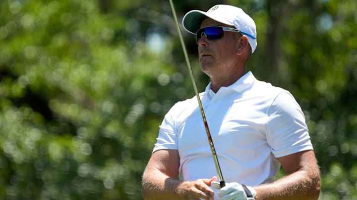 Henrik Stenson plays a shot at the 2026 Senior PGA Championship. He shot even par in his first round.