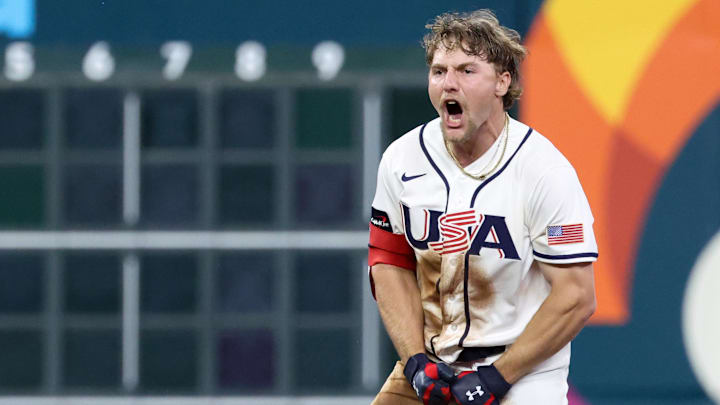 Mar 7, 2026; Houston, TX, United States; United States shortstop Gunnar Henderson (11) celebrates after hitting a two-run double against Great Britain during the fifth inning at Daikin Park. Mandatory Credit: Troy Taormina-Imagn Images