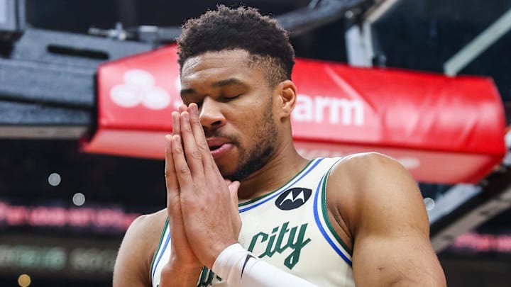 Jan 19, 2026; Atlanta, Georgia, USA; Milwaukee Bucks forward Giannis Antetokounmpo (34) before the game against the Atlanta Hawks at State Farm Arena. Mandatory Credit: Jordan Godfree-Imagn Images