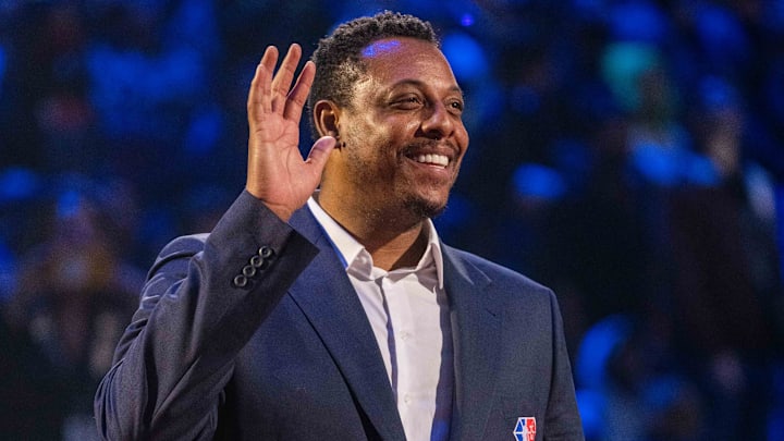 February 20, 2022; Cleveland, Ohio, USA; NBA great Paul Pierce is honored for being selected to the NBA 75th Anniversary Team during halftime in the 2022 NBA All-Star Game at Rocket Mortgage FieldHouse. Mandatory Credit: Kyle Terada-Imagn Images February 20, 2022; Cleveland, Ohio, USA; NBA great Paul Pierce is honored for being selected to the NBA 75th Anniversary Team during halftime in the 2022 NBA All-Star Game at Rocket Mortgage FieldHouse. Mandatory Credit: Kyle Terada-Imagn Images