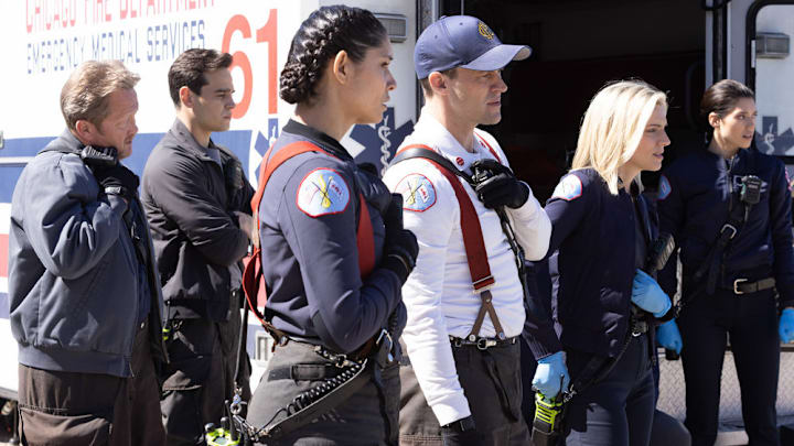 CHICAGO FIRE -- "No Survivors" Episode 916 -- Pictured: (l-r) Christian Stolte as Randall “Mouch” McHolland, Alberto Rosende as Blake Gallo, Miranda Rae Mayo as Stella Kidd, Jesse Spencer as Matthew Casey , Kara Killmer as Sylvie Brett, Hanako Greensmith as Violet -- (Photo by: Adrian S. Burrows Sr./NBC)