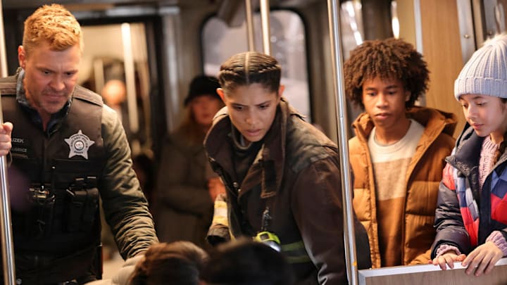 CHICAGO MED -- "In The Trenches: Part II" Episode 1011 -- Pictured: (l-r) Patrick John Flueger as Officer Adam Ruzek, Miranda Rae Mayo as Stella Kidd -- (Photo by: George Burns Jr/NBC)
