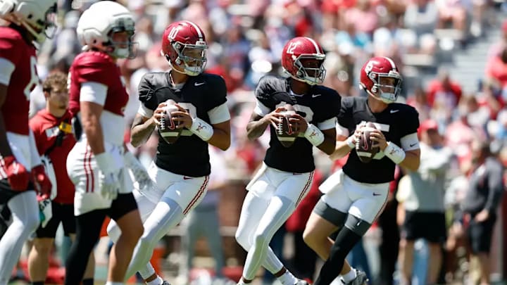 The Alabama Quarterbacks run drills during A-Day at Bryant-Denny Stadium in Tuscaloosa, AL on Saturday, Apr 12, 2025.