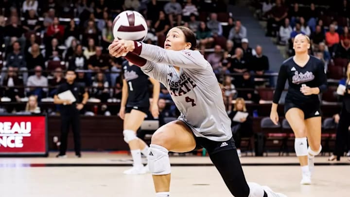 Mississippi State Defensive Specialist McKenna Yates (#4) during the match between the Missouri Tigers and the Mississippi State Bulldogs at the Newell-Grissom Building in Starkville, MS.