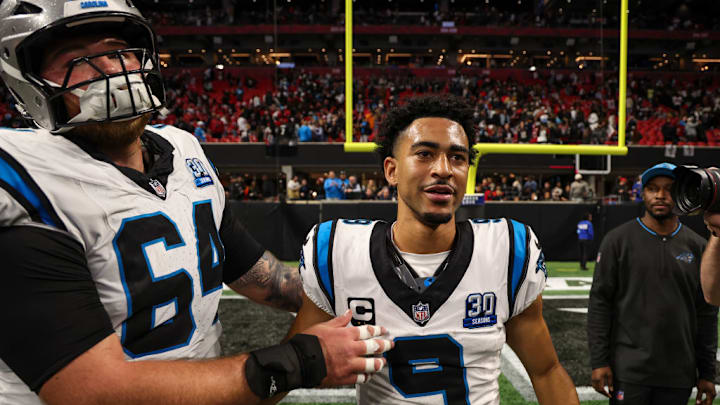 ATLANTA, GEORGIA - JANUARY 05: Bryce Young #9 of the Carolina Panthers celebrates after an NFL football game against the Atlanta Falcons at Mercedes-Benz Stadium on January 5, 2025 in Atlanta, Georgia. 