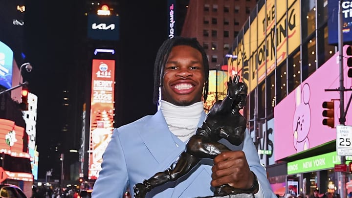 Dec 14, 2024; New York, NY, USA; Colorado Buffaloes wide receiver/cornerback Travis Hunter after winning the 2024 Heisman Trophy. Mandatory Credit: Todd Van Emst/Heisman Trust via Imagn Images Dec 14, 2024; New York, NY, USA; Colorado Buffaloes wide receiver/cornerback Travis Hunter after winning the 2024 Heisman Trophy. Mandatory Credit: Todd Van Emst/Heisman Trust via Imagn Images