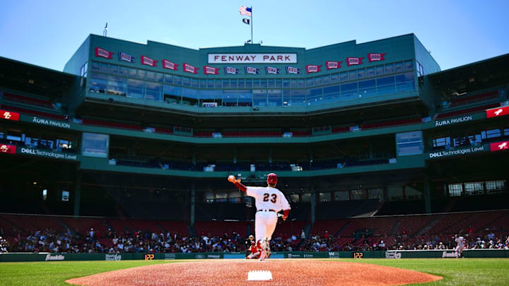 Brady Miller warms up on the mound at Fenway Park on April 11, 2026.