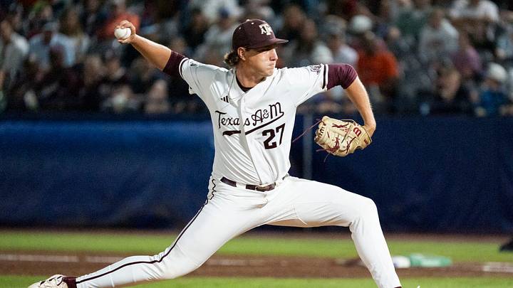 Texas A&M Aggies' Gavin Lyons (27) pitches as Auburn Tigers take on Texas A&M Aggies during the SEC baseball tournament at Hoover Metropolitan Stadium in Hoover, Ala. on Friday, May 22, 2026.