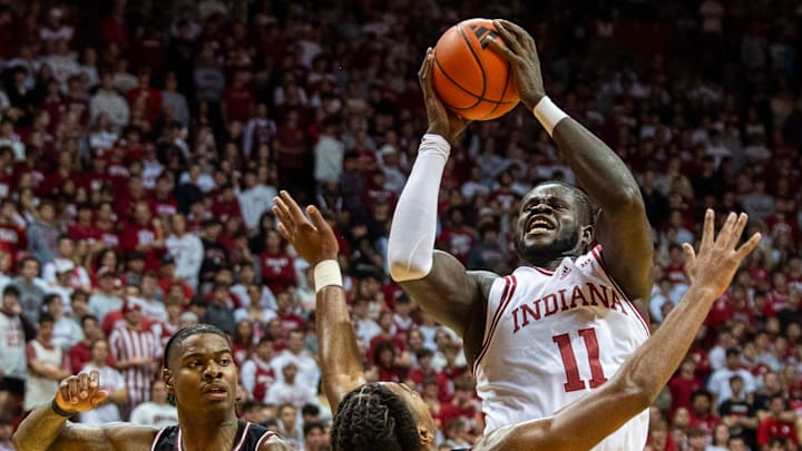 Indiana's Oumar Ballo (11) shoots during the Indiana versus South Carolina men's basketball game at Simon Skjodt Assembly Hall on Saturday, Nov. 16, 2024.