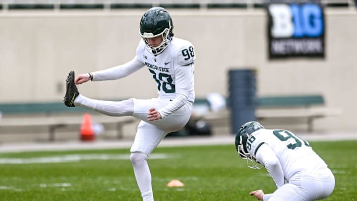 Michigan State's Stephen Rusnak, left, practices kicking on Saturday, April 16, 2022, during the spring game at Spartan Stadium in East Lansing.
220415 Msu Spring Game 003a Michigan State's Stephen Rusnak, left, practices kicking on Saturday, April 16, 2022, during the spring game at Spartan Stadium in East Lansing.
220415 Msu Spring Game 003a