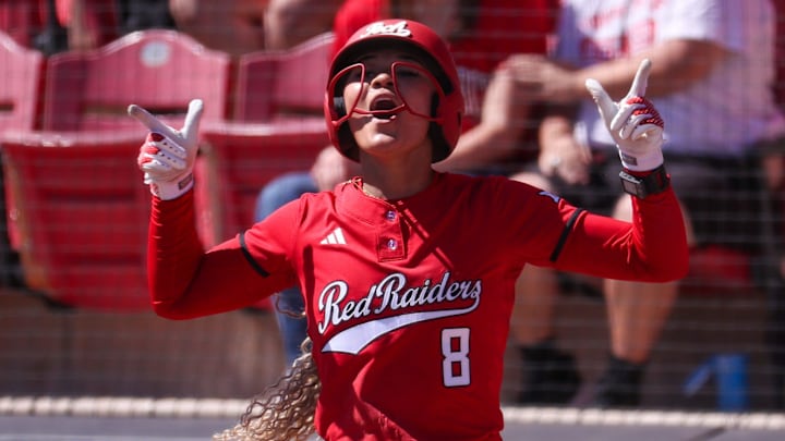 Texas Tech's Desirae Spearman reacts to scoring a run against Arizona during a Big 12 Conference softball game, Saturday, March 14, 2026, at Rocky Johnson Field.