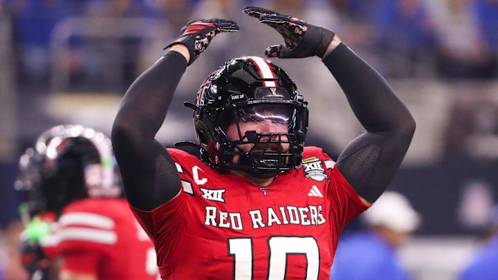 Texas Tech's Jacob Rodriguez asks for more crowd noise during the Big 12 Championship football game, Saturday, Nov. 6, 2025, at AT&T Stadium in Arlington.