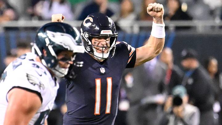 Case Keenum reacts after a big first down run by the Bears in the second half Monday night. Case Keenum reacts after a big first down run by the Bears in the second half Monday night.