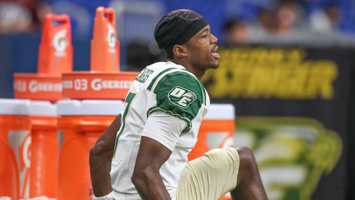 DeSoto's Ethan Feaster warms up after halftime during Friday's game at the Alamodome on Sept. 13, 2024, in San Antonio, Texas. DeSoto's Ethan Feaster warms up after halftime during Friday's game at the Alamodome on Sept. 13, 2024, in San Antonio, Texas.