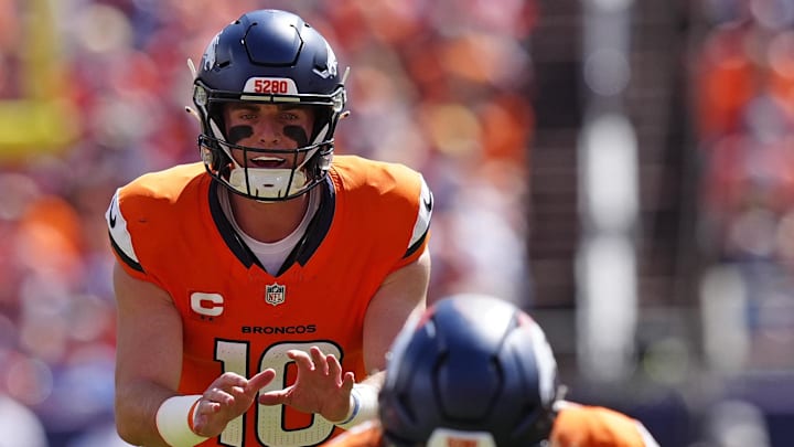Sep 7, 2025; Denver, Colorado, USA; Denver Broncos quarterback Bo Nix (10) in the first half at Empower Field at Mile High.