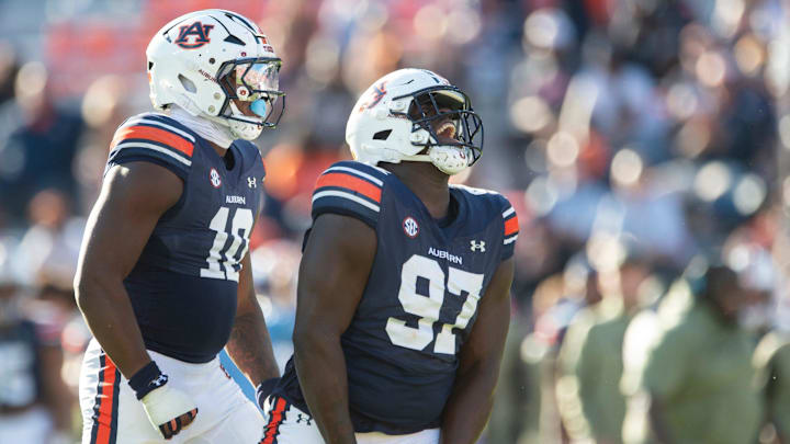 Auburn Tigers defensive lineman Quientrail Jamison-Travis (97) celebrate his sack as Auburn Tigers take on Louisiana-Monroe Warhawks at Jordan-Hare Stadium in Auburn, Ala., on Saturday, Nov. 16, 2024. Auburn Tigers defeated Louisiana-Monroe Warhawks 48-14.