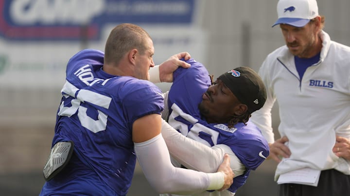 Buffalo Bills defensive end Michael Hoecht tries to keep defensive end Paris Shand from getting by him during Bills Training Camp. Buffalo Bills defensive end Michael Hoecht tries to keep defensive end Paris Shand from getting by him during Bills Training Camp.