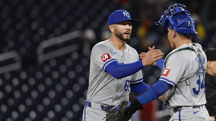Sep 25, 2024; Washington, District of Columbia, USA; Kansas City Royals pitcher Lucas Erceg (60) celebrates with Royals catcher Freddy Fermin (34) after the final out against the Washington Nationals at Nationals Park. Mandatory Credit: Geoff Burke-Imagn Images Sep 25, 2024; Washington, District of Columbia, USA; Kansas City Royals pitcher Lucas Erceg (60) celebrates with Royals catcher Freddy Fermin (34) after the final out against the Washington Nationals at Nationals Park. Mandatory Credit: Geoff Burke-Imagn Images