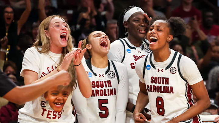 South Carolina Gamecocks forward Chloe Kitts, guard Tessa Johnson (5), and forward Joyce Edwards.