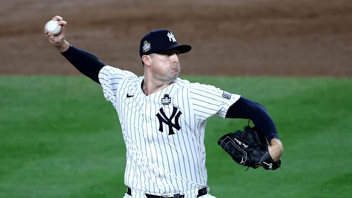 Oct 30, 2024; New York, New York, USA; New York Yankees pitcher Clay Holmes (35) throws during the seventh inning against the Los Angeles Dodgers in game five of the 2024 MLB World Series at Yankee Stadium.