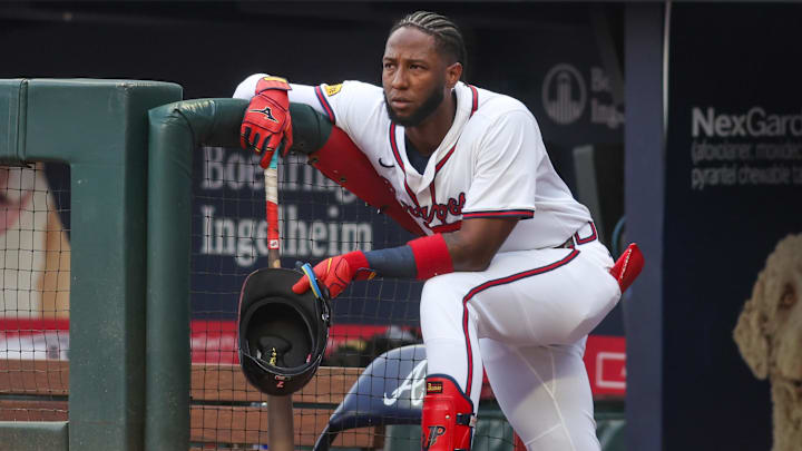 Jul 21, 2025; Atlanta, Georgia, USA; Atlanta Braves left fielder Jurickson Profar (7) waits to bat against the San Francisco Giants in the first inning at Truist Park. Mandatory Credit: Brett Davis-Imagn Images
Jul 21, 2025; Atlanta, Georgia, USA; Atlanta Braves left fielder Jurickson Profar (7) waits to bat against the San Francisco Giants in the first inning at Truist Park. Mandatory Credit: Brett Davis-Imagn Images
