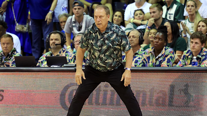 Nov 26, 2024; Lahaina, Hawaii, USA;  Michigan State Spartans head coach Tom Izzo reacts to play during the first half against the Memphis Tigers at Lahaina Civic Center. Mandatory Credit: Marco Garcia-Imagn Images